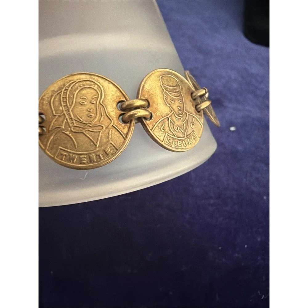 Vintage Dutch Folk Attire Coin Link  Bracelet Gold Tone Copper Friesland 7